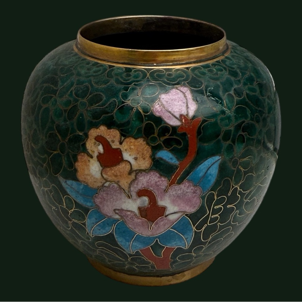 Vintage Floral Cloisonné Vase with Gold Accents Enamel Chinese Jar Brass